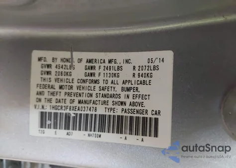 2014 Honda Accord Ex-L V-6 z USA, uszkodzony, nr VIN 1HGCR3F8XEA037478